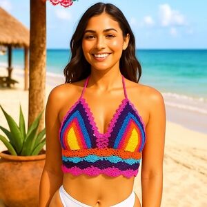 Hand Crafted Hand Knit Crochet Swim Top Coverup Crop-Top open stitch multicoled